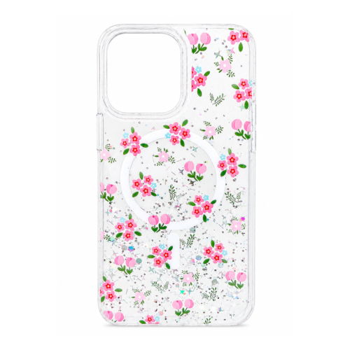 iPhone 16 Pro Max Transparent Floral Glitter Magnetic Case – Floral Pink