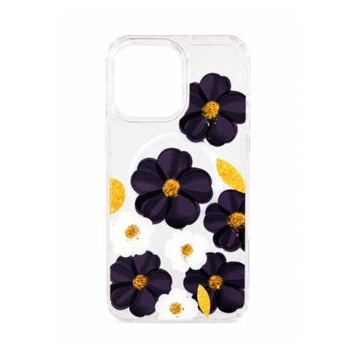 iPhone 16 Pro Max Transparent Floral Glitter Magnetic Case – Midnight Floral
