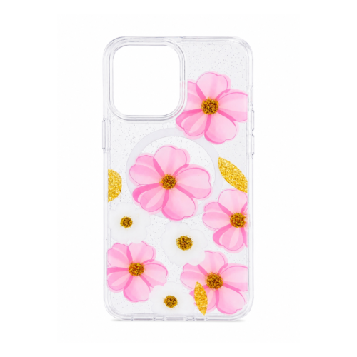 iPhone 16 Pro Max Transparent Floral Glitter Magnetic Case – Pink Floral