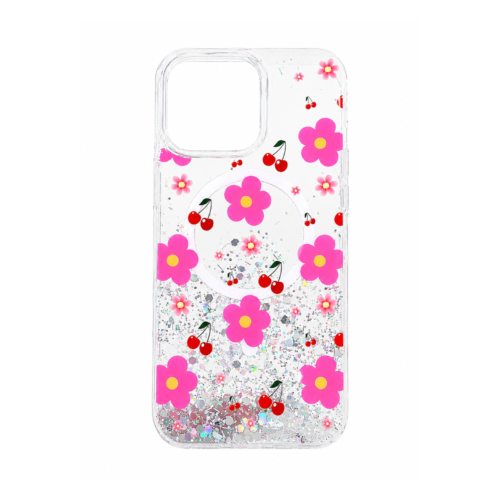 iPhone 16 Pro Max Transparent Floral Glitter MagSafe Case – Pink