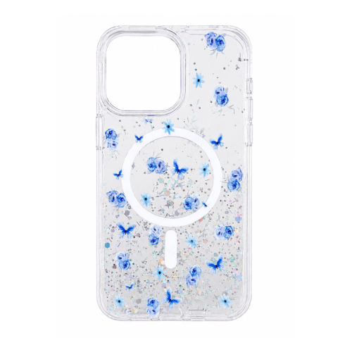 iPhone 16 Pro Max Transparent Floral Butterfly Glitter MagSafe Case – Blue
