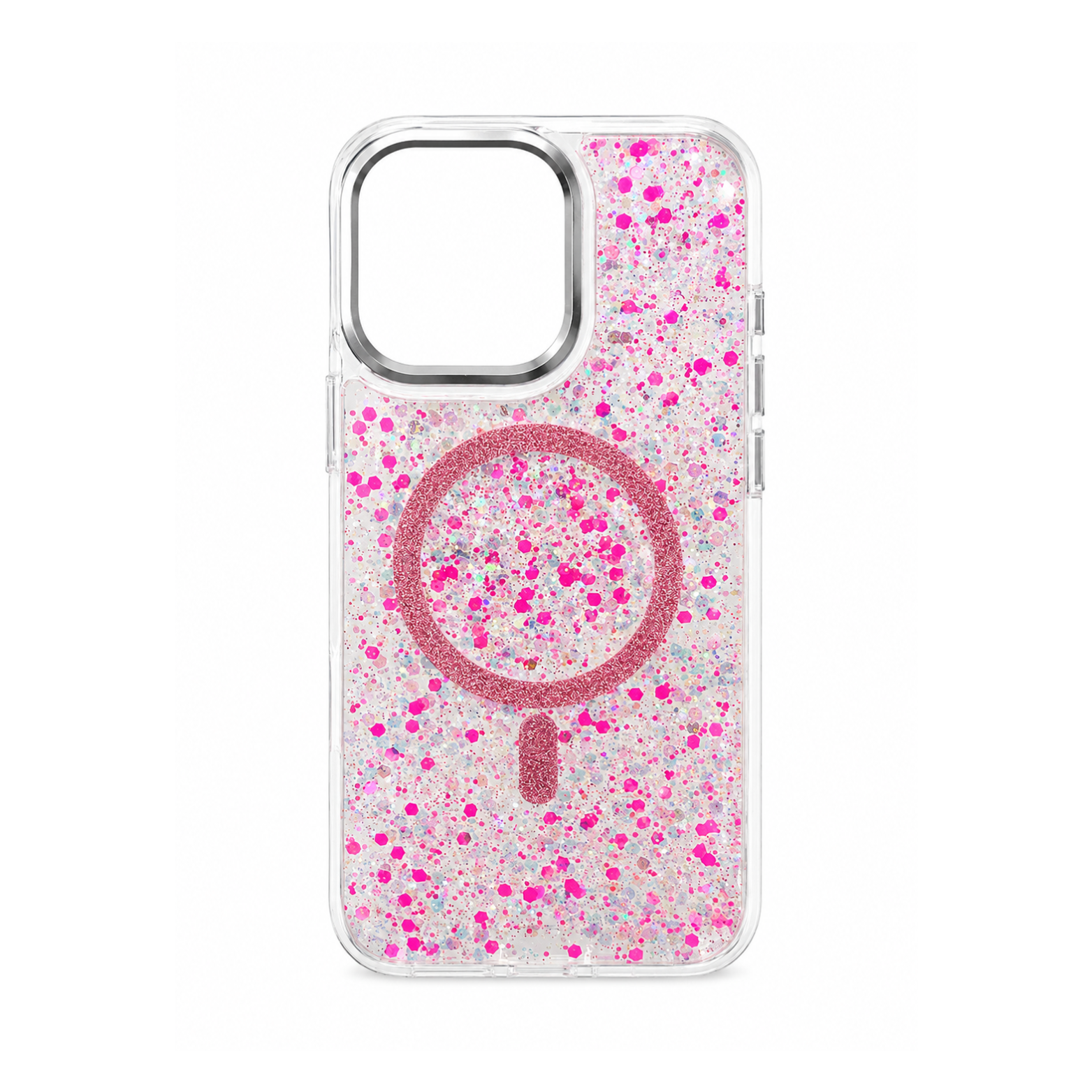 iPhone 14 Pro Max Transparent Glitter MagSafe Case - Neon Pink