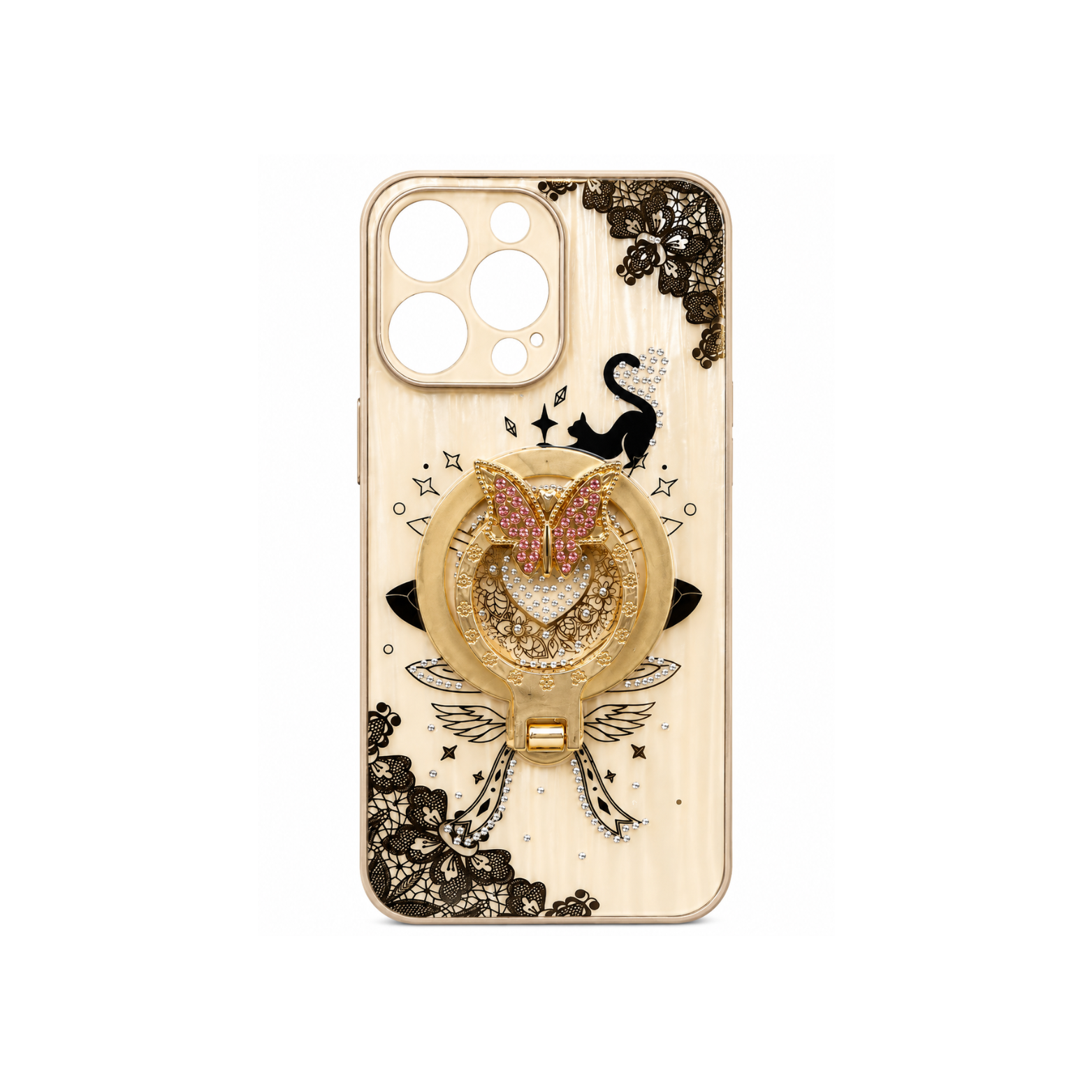 iPhone 16 Pro Max Luxury Butterfly Ring Holder Case - Ivory Gold