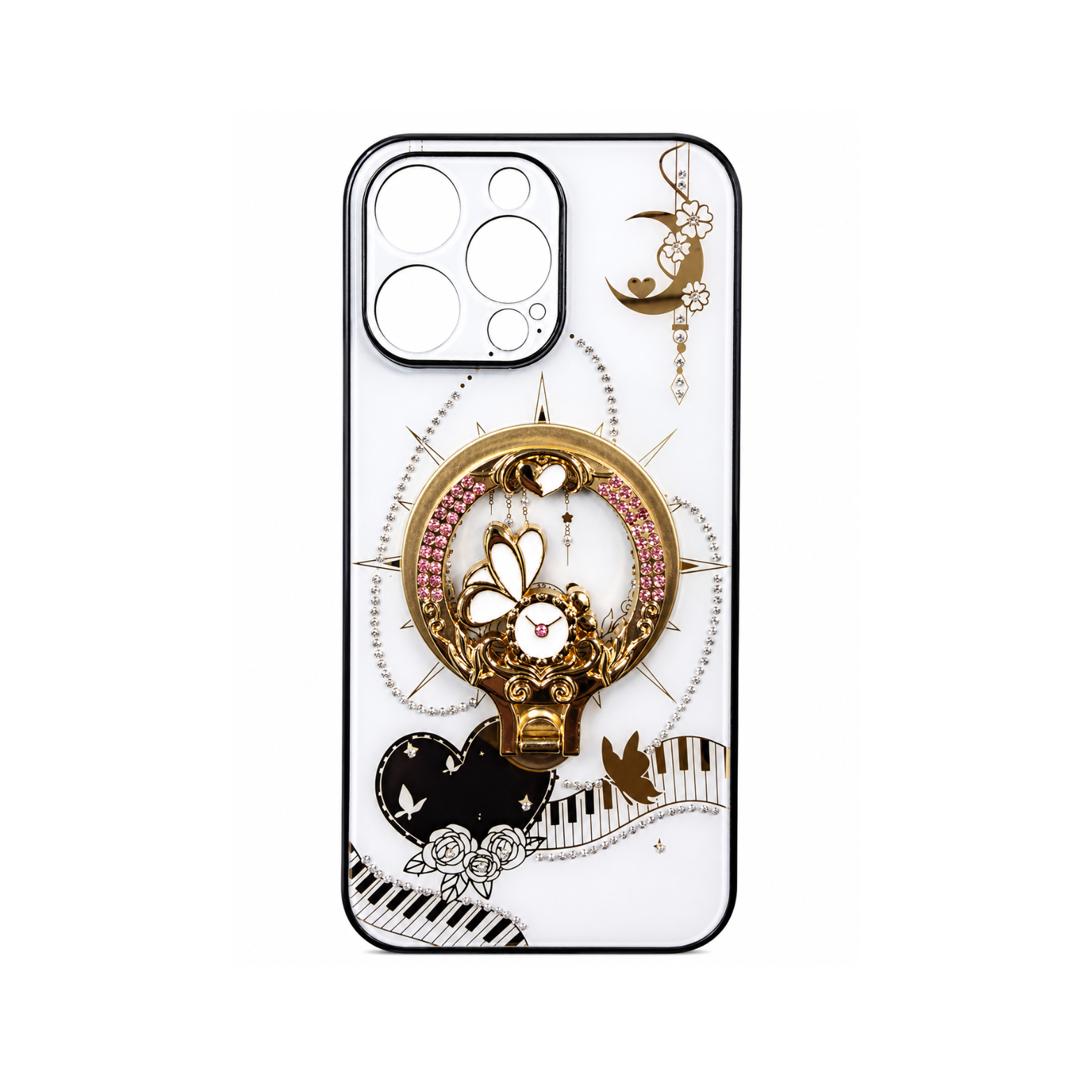 iPhone 16 Pro Max Luxury Butterfly Ring Holder Case - Pearl White Gold