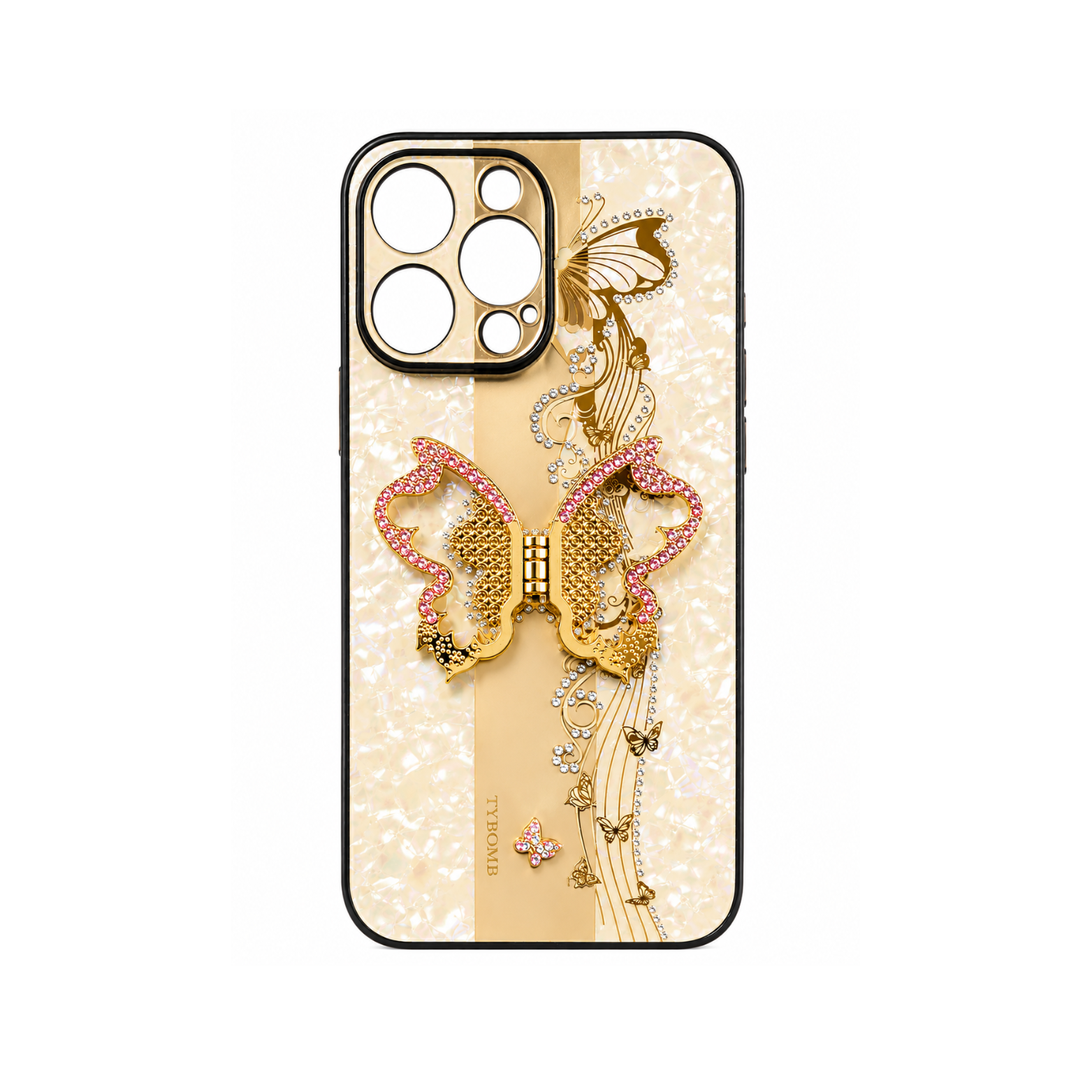iPhone 15 Pro Max Luxury Butterfly Ring Holder Case - Champagne Pearl Gold