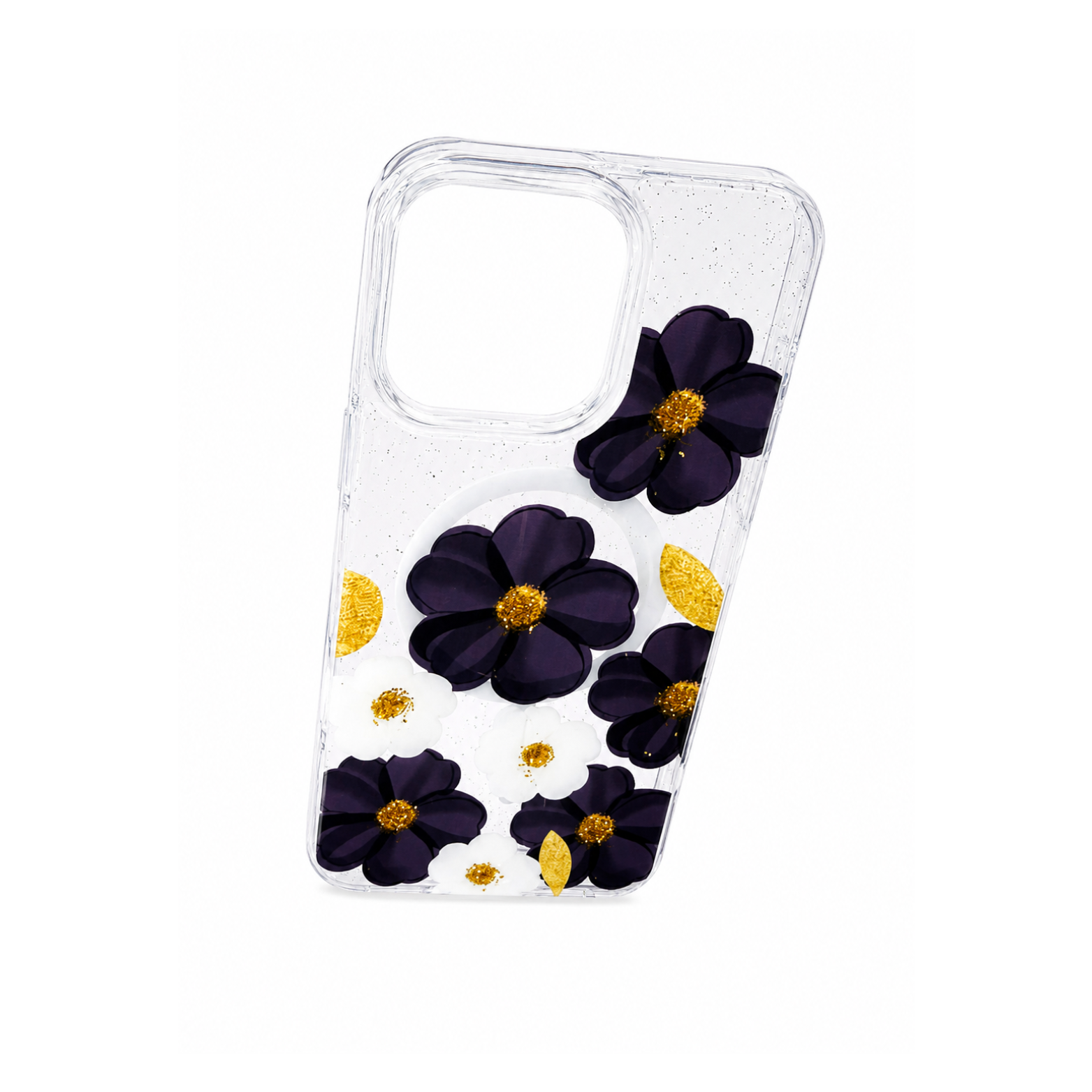 iPhone 16 Pro Max Transparent Floral Glitter Magnetic Case - Midnight Floral - Image 4