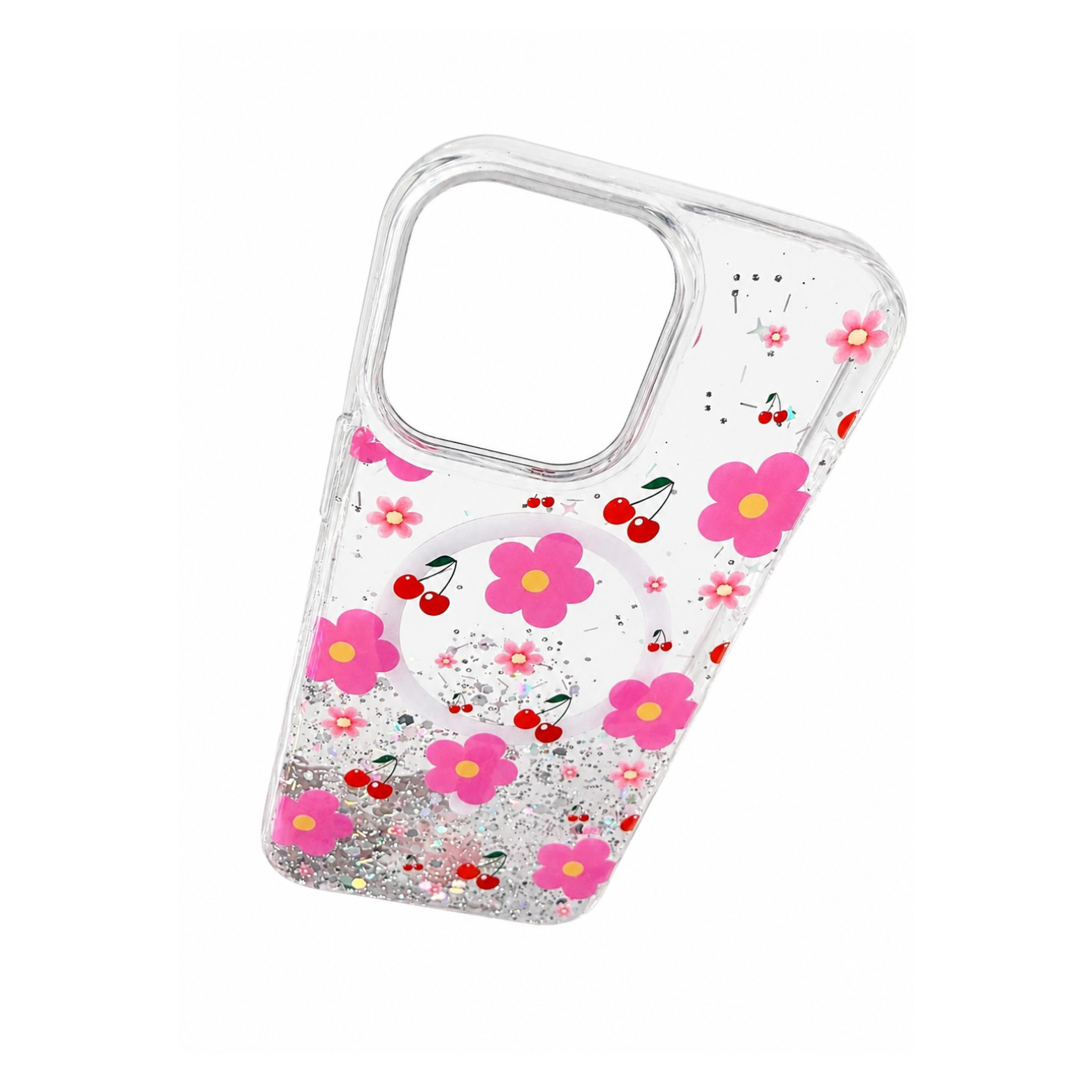 iPhone 16 Pro Max Transparent Floral Glitter MagSafe Case - Pink - Image 3