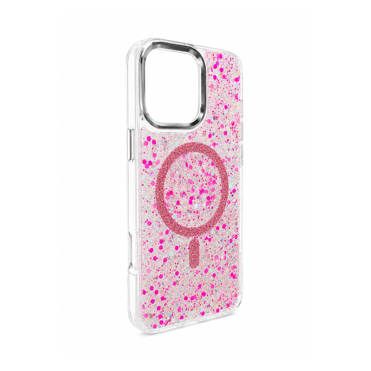 iPhone 14 Pro Max Transparent Glitter MagSafe Case - Neon Pink - Image 2