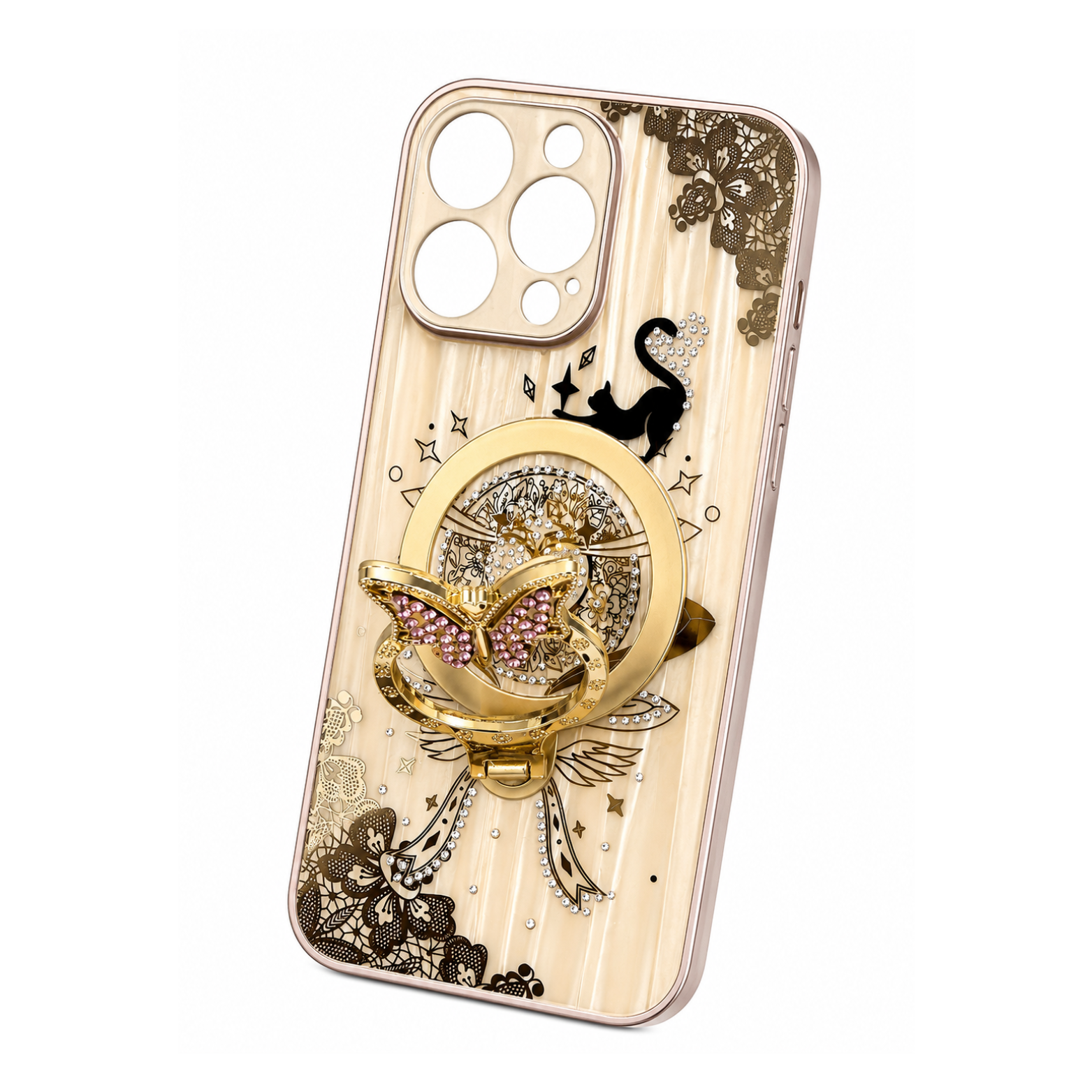 iPhone 16 Pro Max Luxury Butterfly Ring Holder Case - Ivory Gold - Image 3