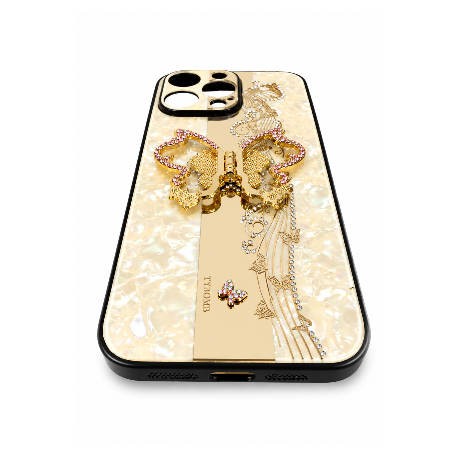 iPhone 15 Pro Max Luxury Butterfly Ring Holder Case - Champagne Pearl Gold - Image 2