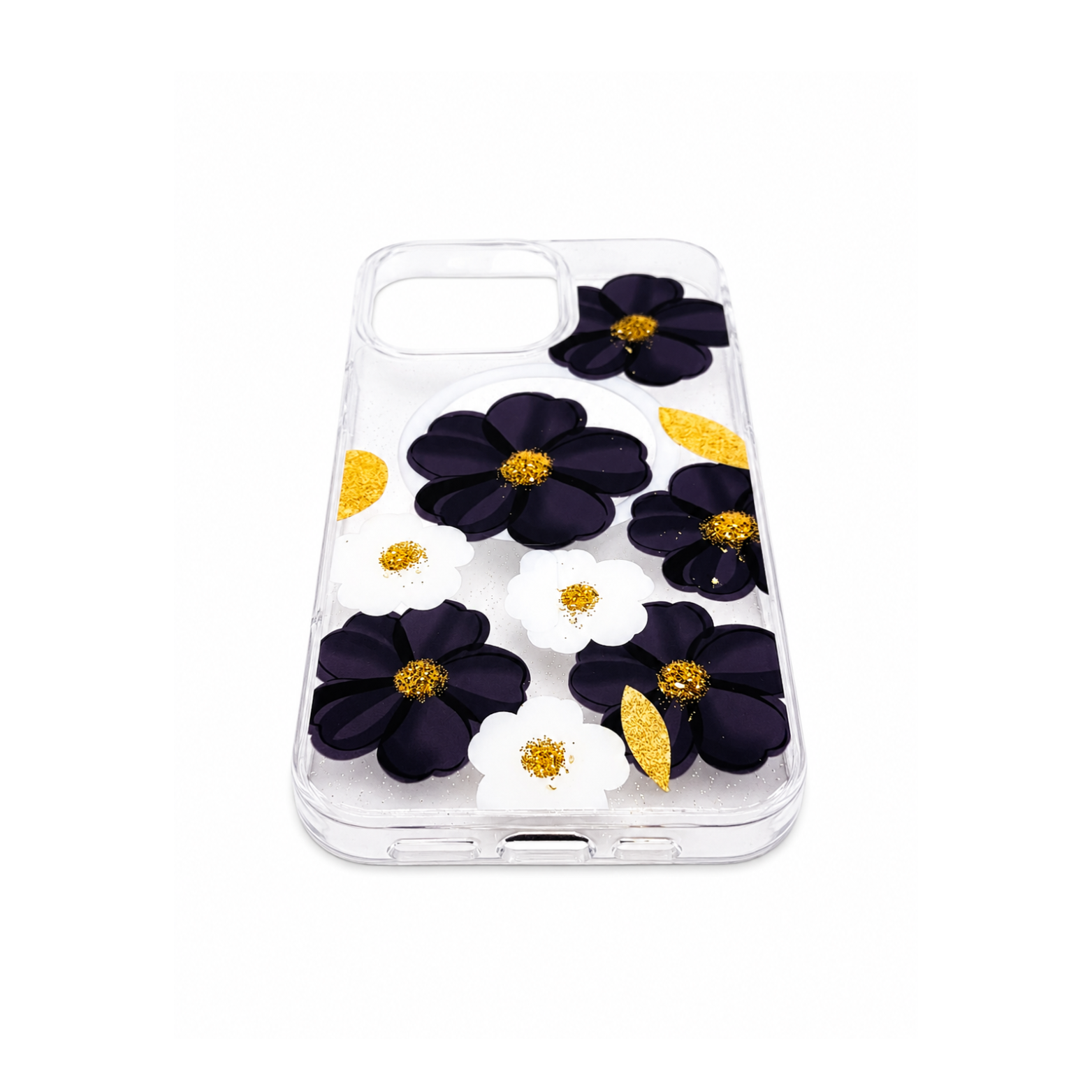 iPhone 16 Pro Max Transparent Floral Glitter Magnetic Case - Midnight Floral - Image 3