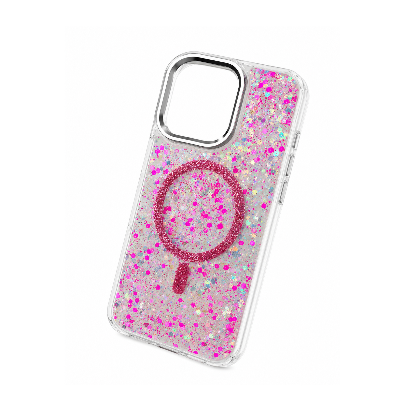 iPhone 14 Pro Max Transparent Glitter MagSafe Case - Neon Pink - Image 4