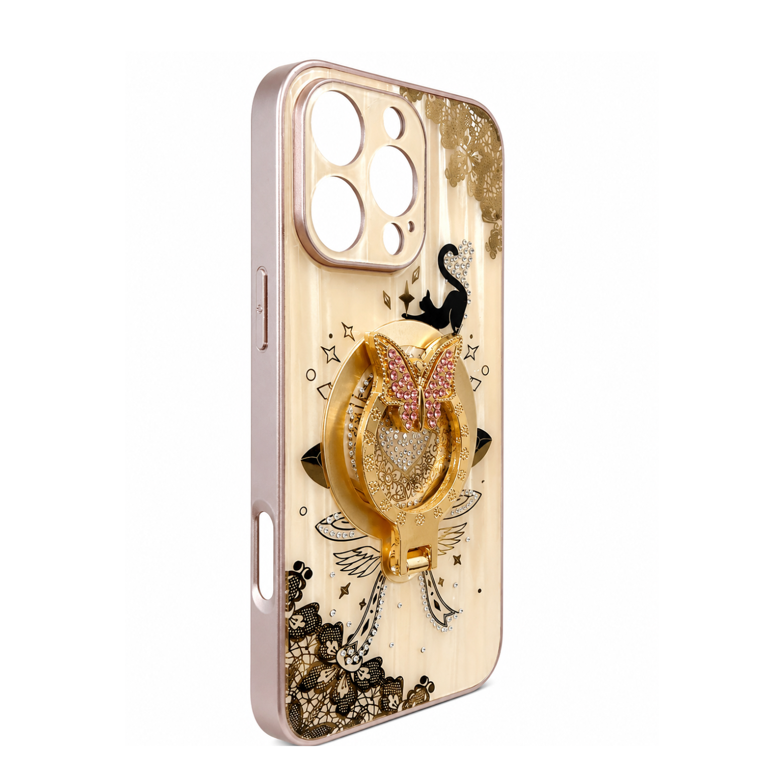 iPhone 16 Pro Max Luxury Butterfly Ring Holder Case - Ivory Gold - Image 4