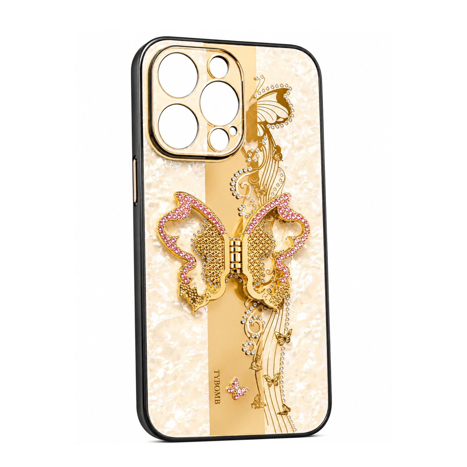 iPhone 15 Pro Max Luxury Butterfly Ring Holder Case - Champagne Pearl Gold - Image 3