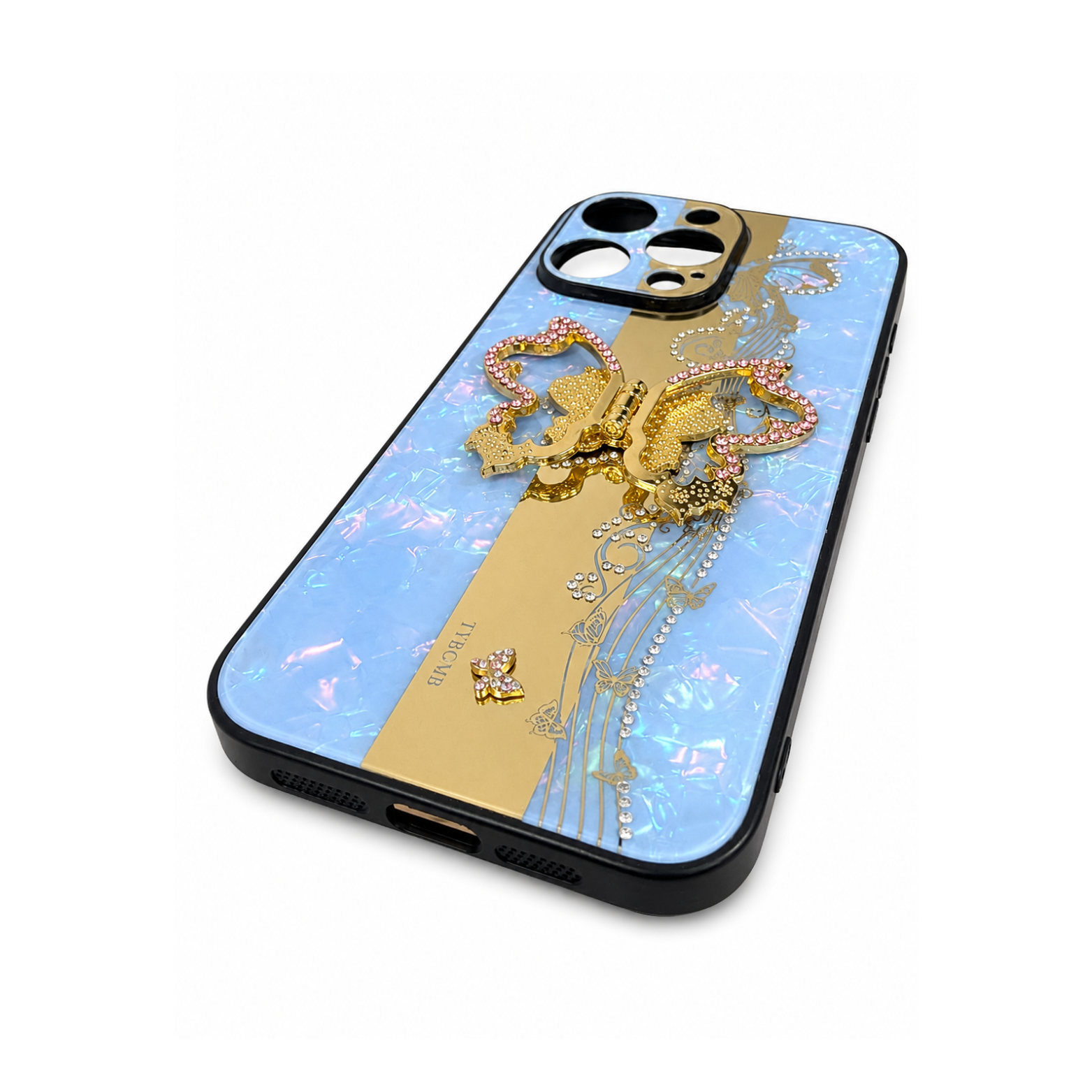 iPhone 15 Pro Max Luxury Butterfly Ring Holder Case - Sky Pearl Gold - Image 3