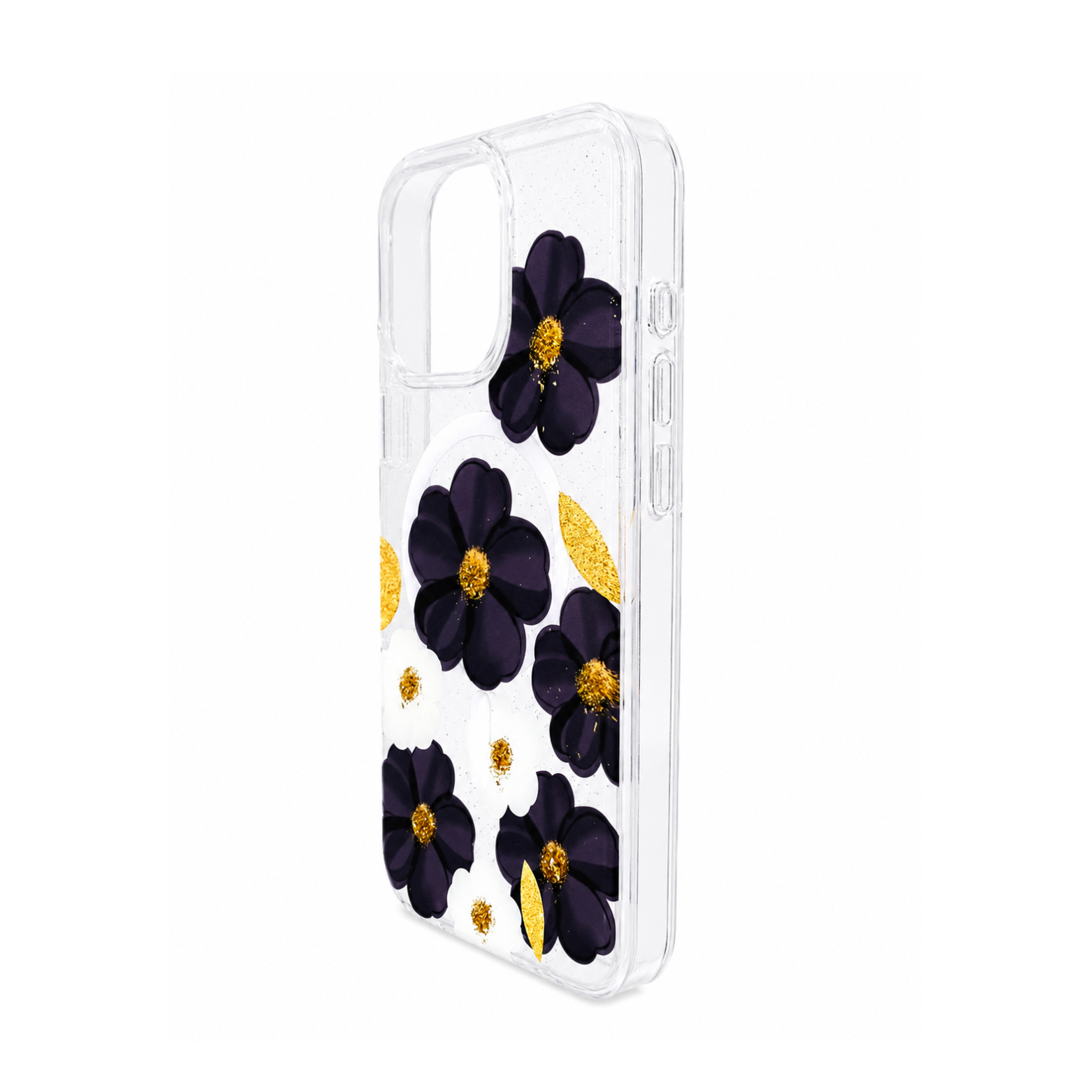 iPhone 16 Pro Max Transparent Floral Glitter Magnetic Case - Midnight Floral - Image 2