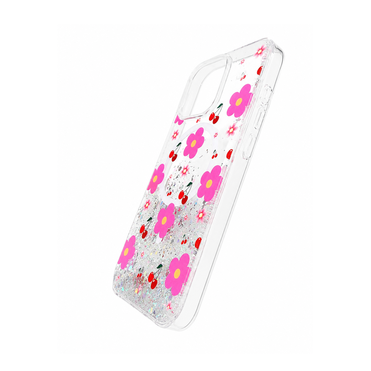 iPhone 16 Pro Max Transparent Floral Glitter MagSafe Case - Pink - Image 4