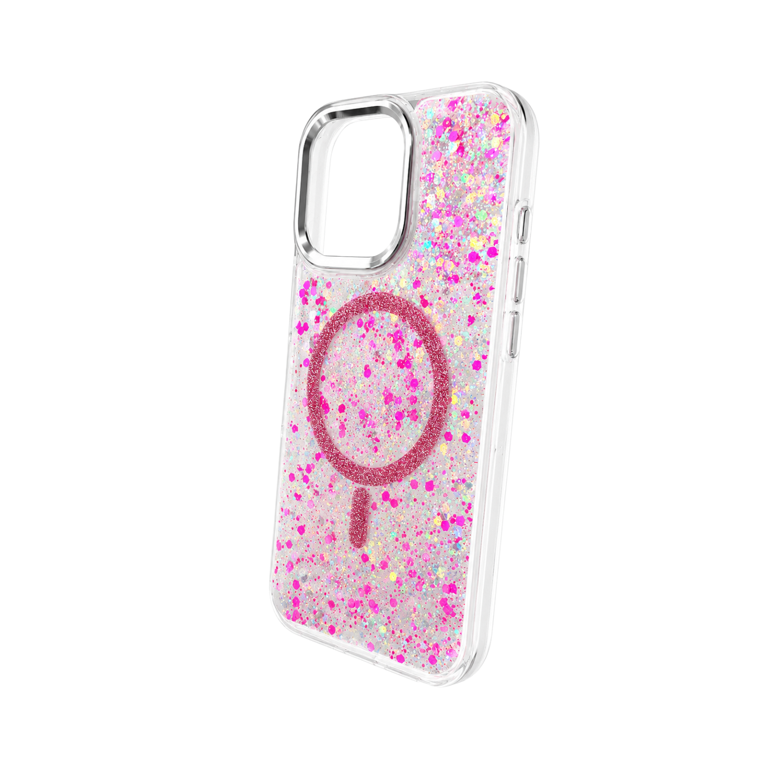 iPhone 14 Pro Max Transparent Glitter MagSafe Case - Neon Pink - Image 3