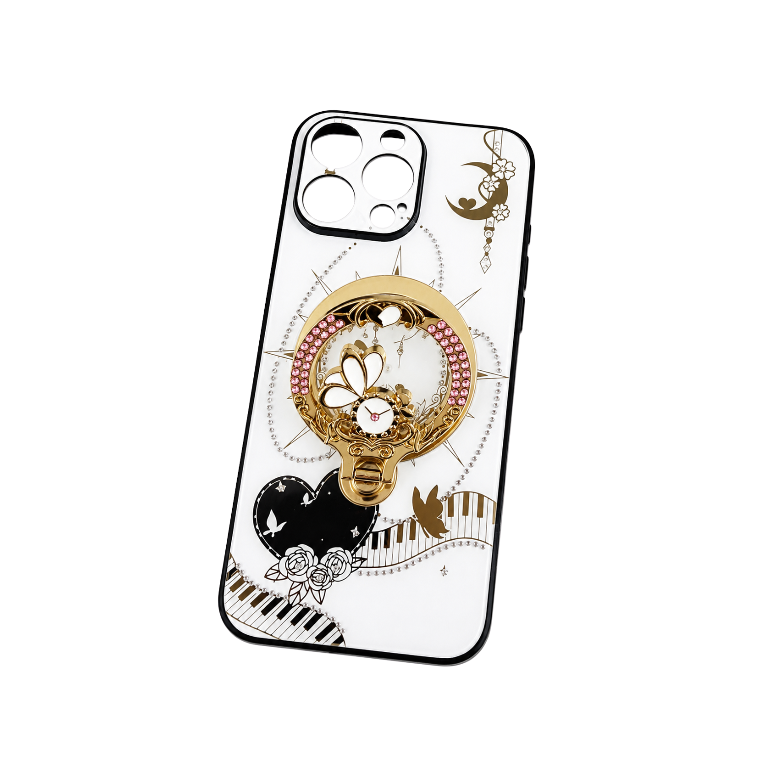 iPhone 16 Pro Max Luxury Butterfly Ring Holder Case - Pearl White Gold - Image 2