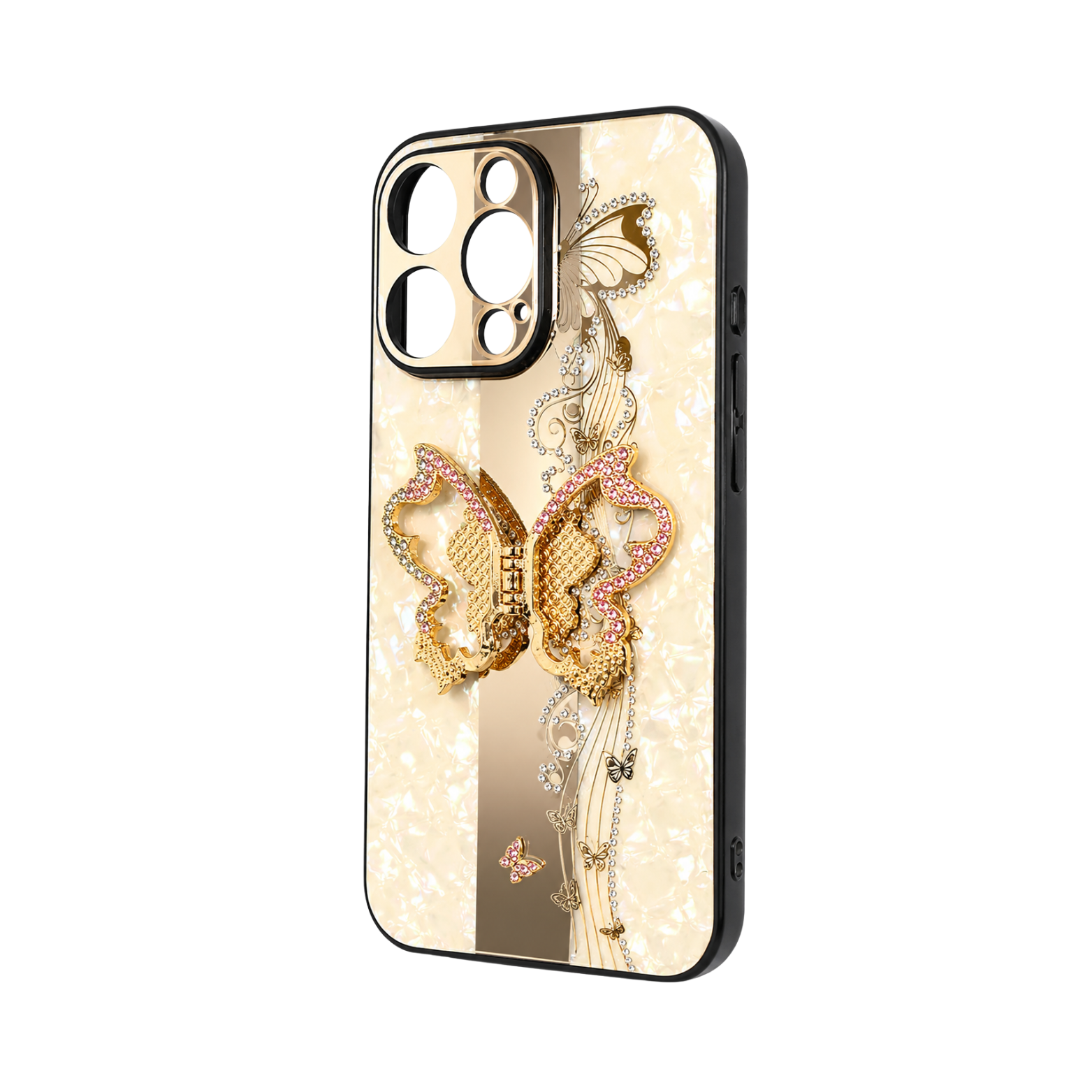 iPhone 15 Pro Max Luxury Butterfly Ring Holder Case - Champagne Pearl Gold - Image 4