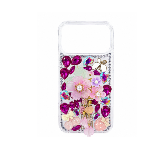 iPhone 17 Pro Max Luxury Crystal Floral Stone Case – Ruby Pink