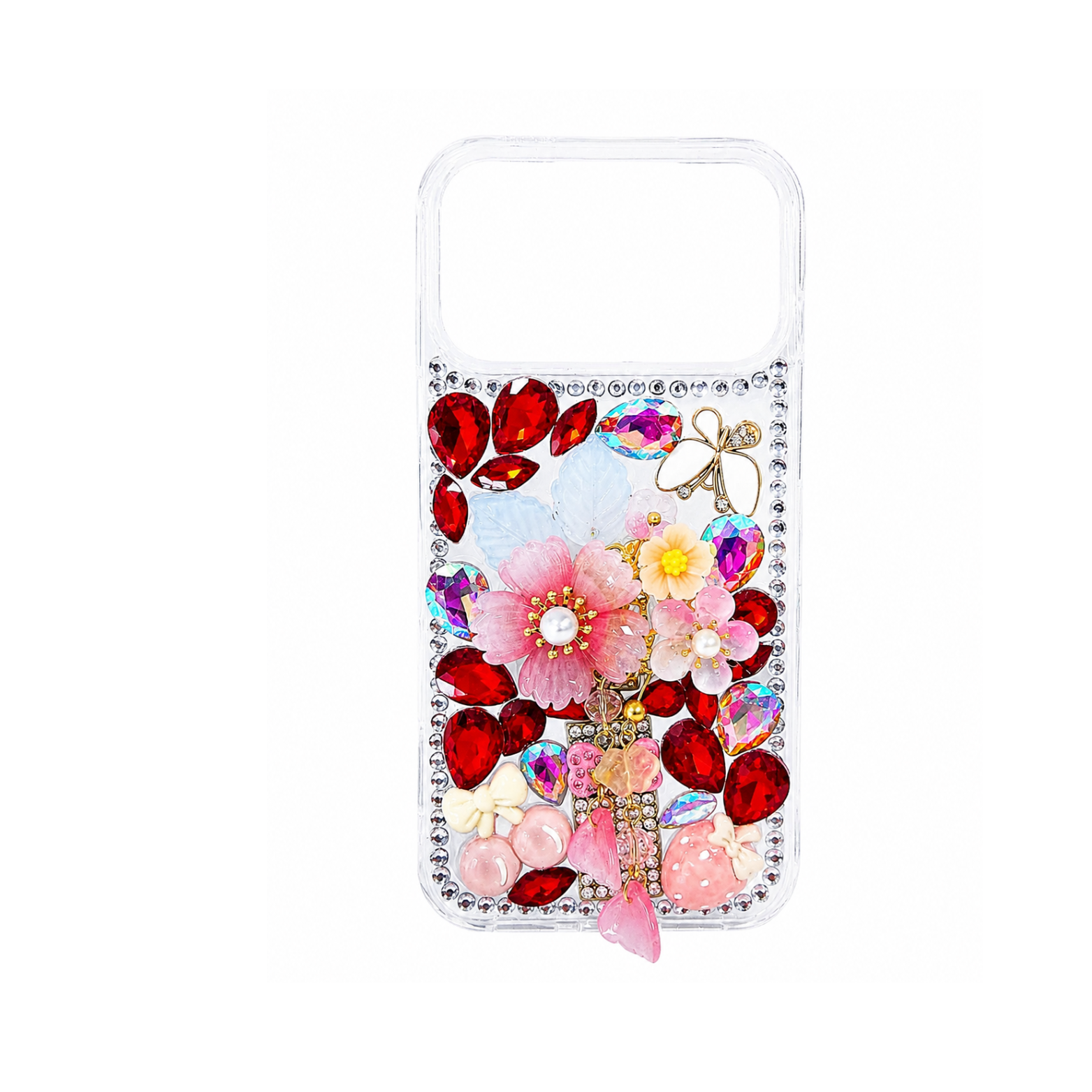 iPhone 17 Pro Max Luxury Crystal Floral Stone Case - Ruby Red