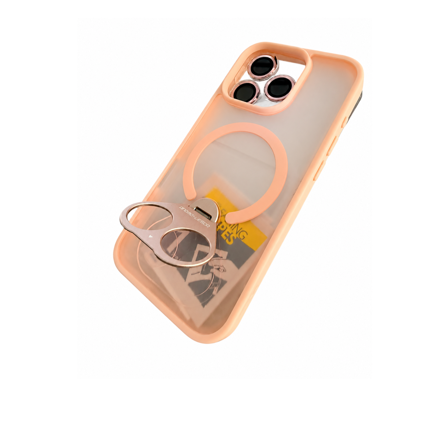 iPhone 16 Pro MagSafe Finger Grip Ring Stand Case with Camera Lens Protector - Peach - Image 3