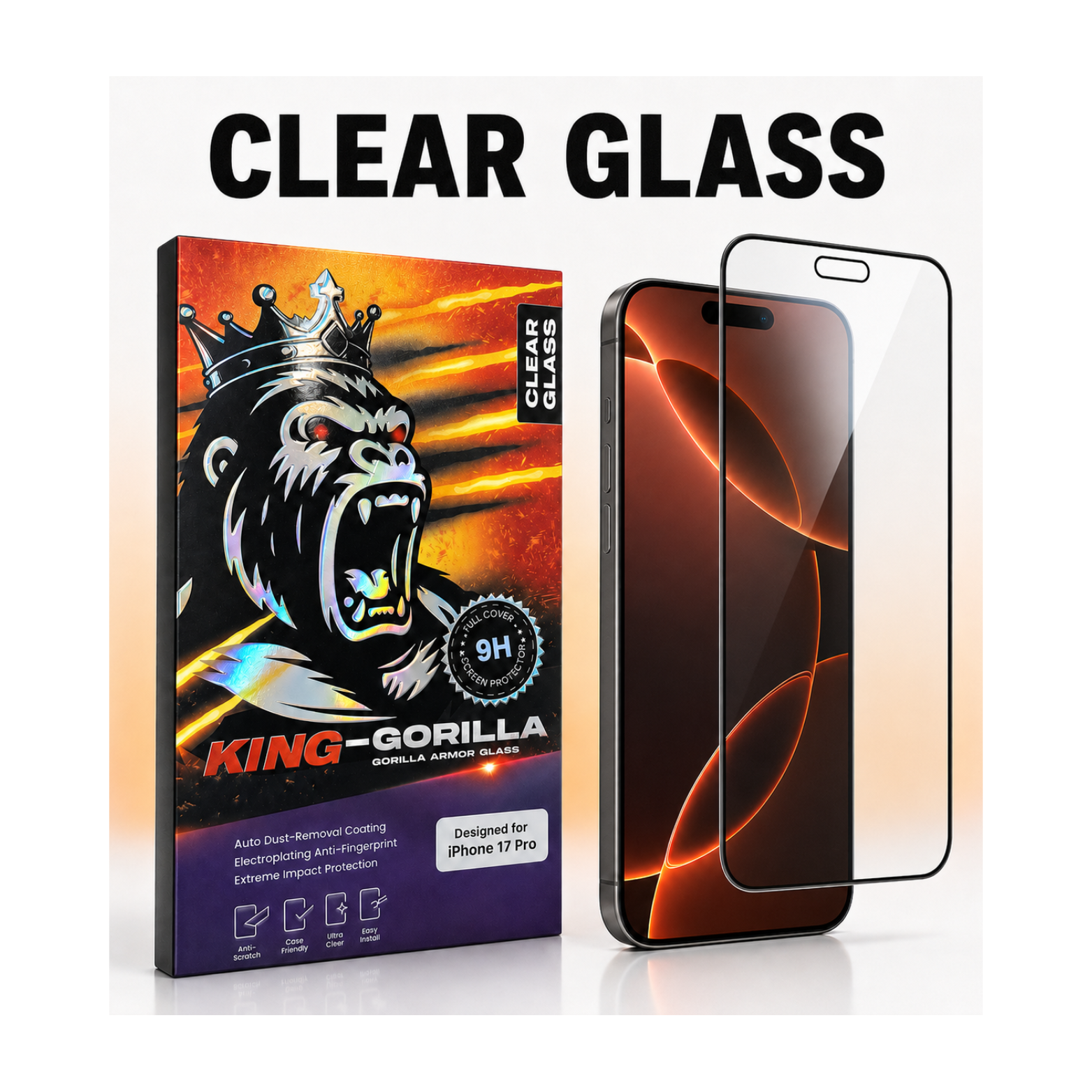 iPhone 17 Clear Gorilla Screen Protector, HD Tempered Glass, 9H+ Hardness, Scratch-Resistant, Anti-Fingerprint – 10 Pack